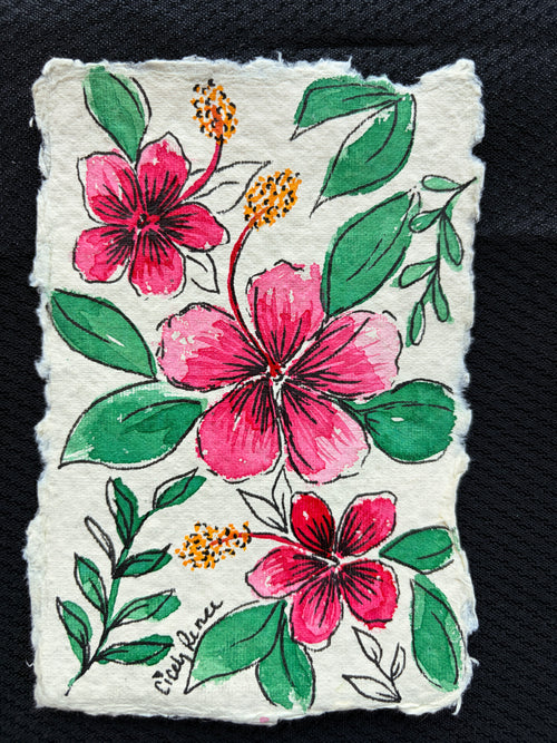 Beautiful Beginnings No. 5 | Original Hibiscus Floral Painting on Handmade Cotton Paper | 6.5 x 4.5 Inches | One-of-a-Kind Botanical Artwork